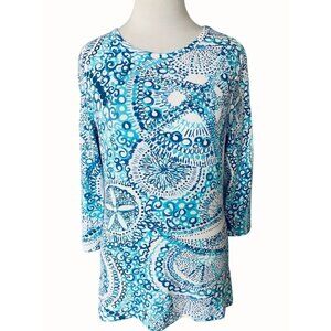 Cape Madras Womens Quarter Sleeve Stretch Blue White Patterned Tunic Top Small